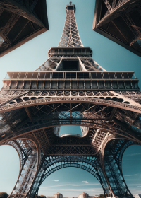 DALL·E 2023-11-14 15.58.26 - An up-close view of the Eiffel Tower in Paris, capturing its intricate metal lattice work. The perspective is from the base, looking upwards towards t